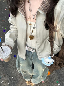 Retro Color Block Autumn Jacket Womens Loose Casual Design Short Collarless Fake Two-Piece Top Trendy Spring Zipper Long Sleeve