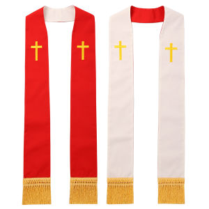 Pastor Clergy Reversible Stole with Cross Embroidery For Vestments with Tassels (White & Red)