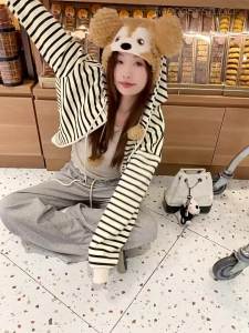 Striped Hooded Zip-Up Loose Sweater Coat