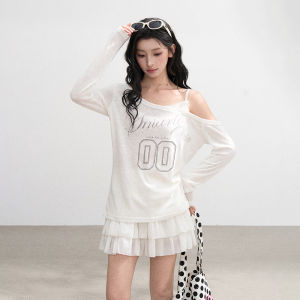 BAIDAIFEI | Slanted Shoulder Off-Shoulder Sheer Long Sleeve Sun Protection Summer Mock Two-Piece T-shirt Style Blouse