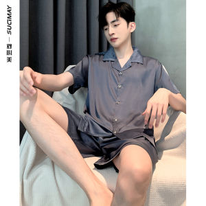 Bộ Đồ Ngủ Nam Mùa Hè Tay Ngắn Quần Short Lụa Băng Cổ Bẻ Đơn Giản Trẻ Trung Đồ Ngủ Lụa Nhân Tạo Hai Mảnh Mặc Nhà