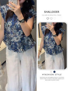 Shalldoer | Elegant Floral Print Casual Summer Outfit Womens Sleeveless Top And Wide Leg Pants Two Piece Set Round Neck Short Sleeve Shirt