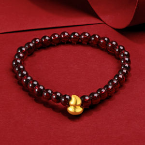 ZHOU LIU FU 周六福 24K Solid Gold Bracelet Real Pure Gold Gourd Garnet Beaded Bracelet for Women Teen Girls 16cm A198748