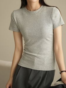 เสื้อยืดคอกลมแขนสั้นผ้าฝ้ายทรงสลิมฟิตสำหรับผู้หญิง ฤดูใบไม้ผลิและฤดูร้อน เสื้อผ้าทำงานสไตล์เกาหลีสำหรับผู้หญิง