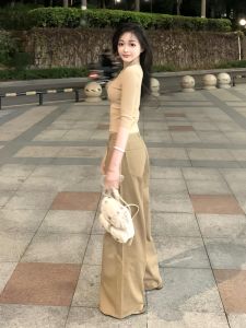 กางเกงยีนส์ขาบานเอวสูงทรงหลวมสำหรับผู้หญิง กางเกงขายาวทรงหลวม ทรงตรง ผ้าเดนิมสีกรมท่า กางเกงยีนส์ทรงสลิมฟิตสำหรับผู้หญิง