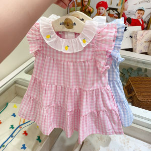 South Korea Childrens Clothing 24 Summer Girl Baby Fashionable Embroidery Lapel Cotton Cloth Gingham Dress Cute Girls Dress