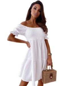 ชุดเดรสกระโปรงสั้นแขนสั้นสีขาวหวานเอวสูงทรงเอ ชุดเดรสผู้หญิงฤดูร้อน ผ้าโพลีเอสเตอร์ 100% ชุดเดรสกระโปรงสั้นสไตล์เด็ก