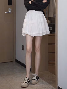 กระโปรงสั้นทรงเอผ้าลูกไม้เอวสูงสไตล์เกาหลี กระโปรงสั้นทรงเค้กผ้าโพลีเอสเตอร์สีพื้น กระโปรงสั้นสไตล์ฝรั่งเศส