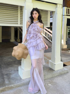 ชุดเดรสยาวคลุมเข่าสไตล์วันหยุดแบบลำลอง RunRunSweet ดีไซน์ไม่สมมาตร แขนกุด กระโปรงทรงหางปลา ผ้าตาข่าย คอวี แขนกุด