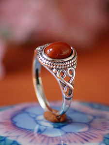 2025 Snake Year Red South Agate Green Turquoise Womens Pure Silver Ring Suitable for Index Finger Traditional Chinese Style