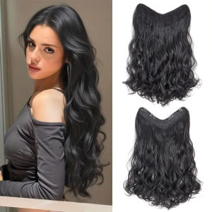 24Inch Synthetic Long Culry Hair Extension V-shaped One Piece Fluffy Invisible Hair Black Brown Hairpiece for Women