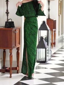 Fashionable Printed Half Skirt Womens Green Top + Luxury High Waist Loose Split Skirt Summer New Arrival Korean Style Casual Wear