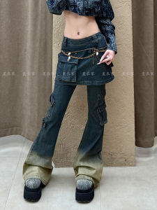 American Style Design Sensation Womens Micro Flared Jeans Low Waist Distressed Denim Pants Zipper Closure All Seasons