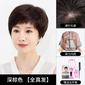 Wig Womens Short Hair Real Hair Full Real Hair Middle-Aged and Elderly Womens Mother Style Full-Head Wig Short Straight Hair Nature Wig Sheath