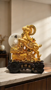 Golden Jade Goat Feng Shui Ornament Peace Buckle Money Bag Lucky Figurine for Home Office Decor Gift