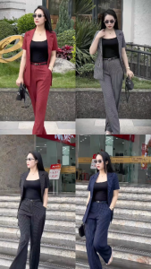 Set Bộ Vest Nữ Tay Ngắn Kẻ Sọc Quần Ống Đứng Lưng Cao Phong Cách Thời Trang Công Sở Sang Trọng Kaylin_PG0050