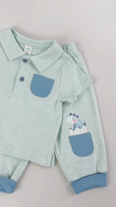 TinyBee ชุดเซ็ตเสื้อผ้าฝ้าย Cotton 100% พร้อมกางเกง ชุดเด็กผู้ชาย สีฟ้า ลายไดโนเสาร์ อายุ 6-24 เดือน