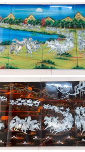 Bộ tranh sơn mài 4 tấm- BÁCH MÃ ĐỒ - Khảm cừ/ Size 80x160 cm - Ý nghĩa/ Phong Thủy