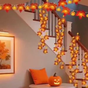 59in/118in Halloween Pumpkin Maple Leaves String Lights 10/20LED Battery Powered Fairy Lamps Home Thanksgiving Room Party Decor
