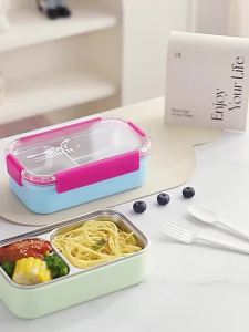 JUSTINLAU Portable Lunch Box Stainless Steel Bento Box Microwave Available Heating Student Staff Food Container with Fork Spoon
