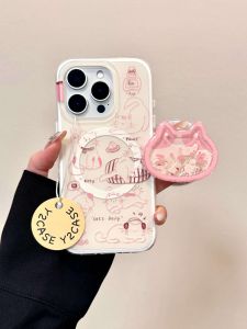 Cute Pink Line Cat Design Magnetic Phone Stand Protective Case for Apple 16Promax iPhone 15Promax New 14 Two-In-One 13 Girls Heart 15 Anti-Fall