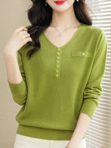 Spring Autumn Thin Pure Color Knitted Sweater Womens Korean Version V-neck Top Short Loose Sweater Inner Match Versatile Long Sleeve Base