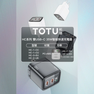 TOTU Adapter Charger HC3‑EU Display Charger GAN 35W Dual USB C EU Plug fast charging