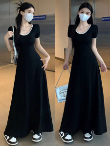 Slim Fit U Neck Color Block a Line Mini Dress Summer Short Sleeve T Shirt Style Black Dress Waist Cinching Slimming Long Dress