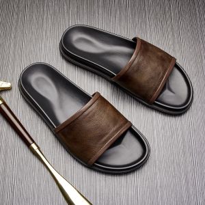 Leather Slippers Outdoor Wearable Mens Summer Sandals Anti-Slip British Style Flat Heel Rubber Bottom Casual Footwear