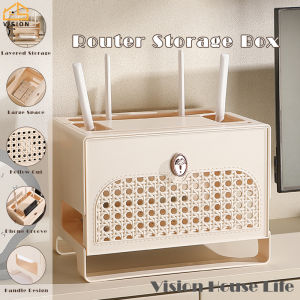 Vision Double Layer WiFi Router Storage Box Vintage Cable Socket Wire Storage Box WiFi Router Organizer Multifunctional Cable Power Plug Wire Storage Rack Dust-proof