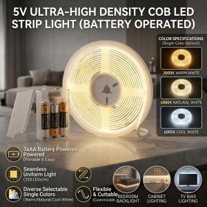 DC5V 3AA Battery Powered 8mm PCB COB LED Strip 320LEDs/M Warm Natural Cool White Flexible Tape for Cabinet TV Bedroom Backlight