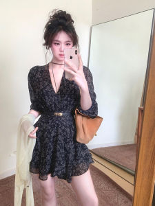 YUFUQING | Elegant French Style Floral Print Mini Dress Womens V-neck Slimming Waist High Waist A-line Skirt Casual Commute Style
