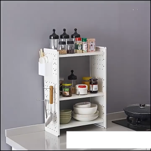 Desk Hole Board Organizer with Side Hooks for Stable Storage. Features include multiple shelves hooks for hanging items and a compact design for organizing books stationery and decorative objects.