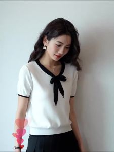 puella | White Lace-up V-neck Bow Short Sleeve T-shirt Summer New