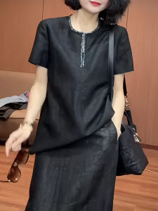 UYFY | Elegant Retro Black Short Sleeve T-Shirt Womens Casual Style Basic Shirt Summer New Arrival Simple Versatile Loose Polyester Fiber