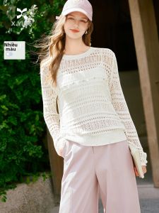 XIANGYING | Áo Thun MESH có Kim Sa cho Phụ Nữ Màu Trắng Form Rộng