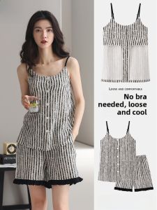 Miiow | Pure Cotton Womens Sleepwear Cardigan Set With Chest Pad Summer Fashionable Home Clothes Short Sleeve Round Neck Striped Pattern