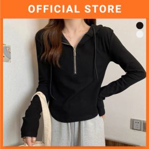 Women Long Sleeve Elastic Zipper Hoodies Sim Fit  Casual T-Shirt Korea Baju Wanita 女生连帽长袖卫衣