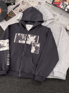 เสื้อแจ็คเก็ตคาร์ดิแกนมีฮู้ดแบบหลวมๆ สไตล์อเมริกันย้อนยุคสำหรับผู้ชาย ฤดูใบไม้ร่วง/ฤดูหนาว ดีไซน์ใหม่ แฟชั่นลำลอง ปกติ