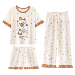 Miiow | Pure Cotton Short Sleeve Childrens Sleepwear Three-Piece Set Cartoon Girl Home Clothes Catman Kids Clothing Breathable Warm