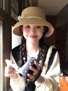 Hebe Lafite Straw Hat with Butterfly Knot for Women Summer Outing Beach Sunshade Fisherman Style Elegant Womens Basin Cap