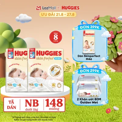 [17-24.08 QUÀ TẶNG ĐƠN 0Đ] Combo 2 Tã/bỉm dán sơ sinh Huggies Skin Perfect NB70 với 2 vùng thấm giảm kích ứng da