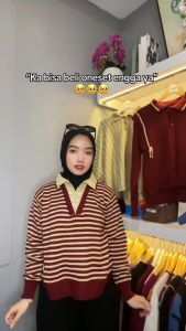 Oneset Paula Sweater Rajut Berkerah Polo Motif Stripe Setelan Celana Kulot Premium Wanita Lengan Panjang Kekinian