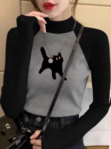 Double-Sided Velvet Half-High Collar Womens Base Shirt Slim Fit Long Sleeve T-Shirt Color Block Shoulder Insertion Autumn Winter