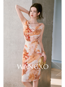 WANGXO | Đầm In Hình Co Giãn Mạng Lưới Không Đều Dây Quai Ngực Viền Nút