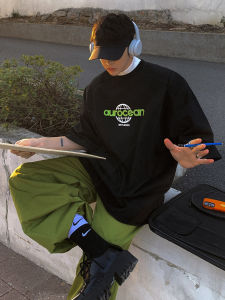 Aurocean Black Cotton T-Shirt 320g Heavyweight Vintage Functional Short Sleeve Loose Youthful Five-Quarter Sleeve round Neck