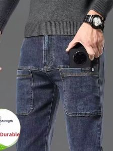 Worn-In Denim Workwear Pants for Men Multi-Pocket Electric Welder Wear-Resistant Loose Safety Pants Youthful Trend Autumn Spring