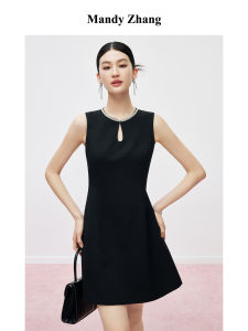 ชุดเดรสสีดำประดับเพชรสไตล์ MandyZhang สำหรับผู้หญิง เดรสยาวปานกลางแขนกุดเอวสูง สไตล์การ์ตูนญี่ปุ่นและเกาหลีใต้
