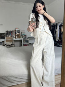 Laoqian Style Lazy Feel Linen White Vest Set Summer Cotton Linen High Waist Wide Leg Pants Two Piece Set Fashionable Women