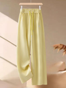 Lemon Yellow Elastic Waist Wide Leg Pants Womens Sporty Straight Cut Loose Fit Casual Trousers High Waist Spring Autumn